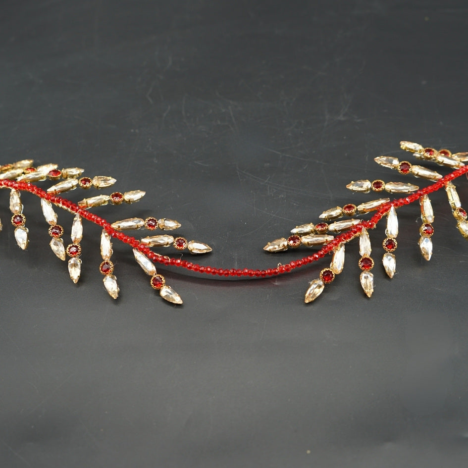 Broche de Mariage Rouge et Dorée Feuillage Ondulé en Cristaux Artisanale