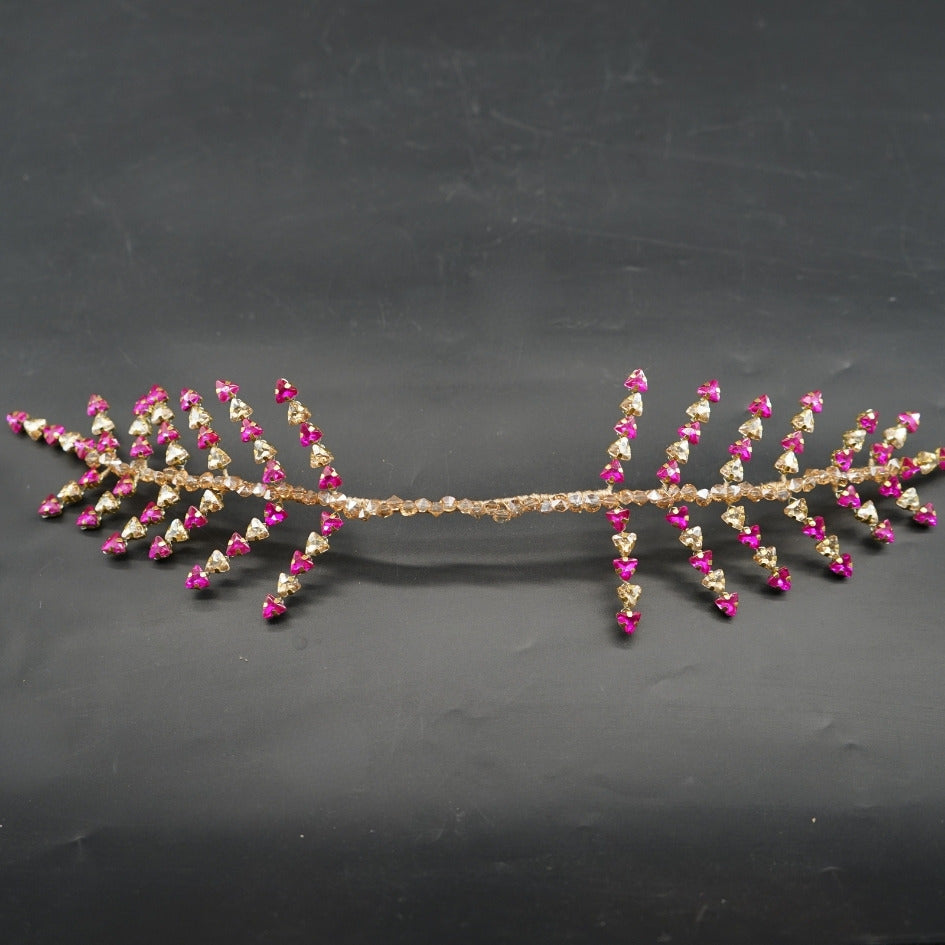 Broche de Mariage Rose Vif et Dorée Feuillage en Cristaux Artisanale