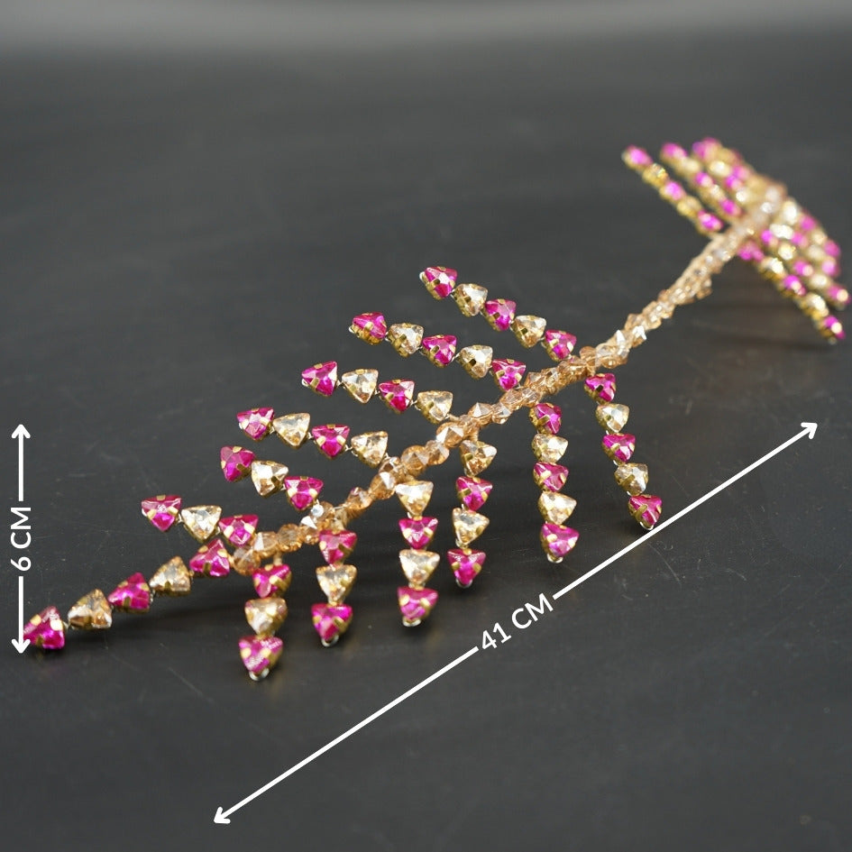 Broche de Mariage Rose Vif et Dorée Feuillage en Cristaux Artisanale