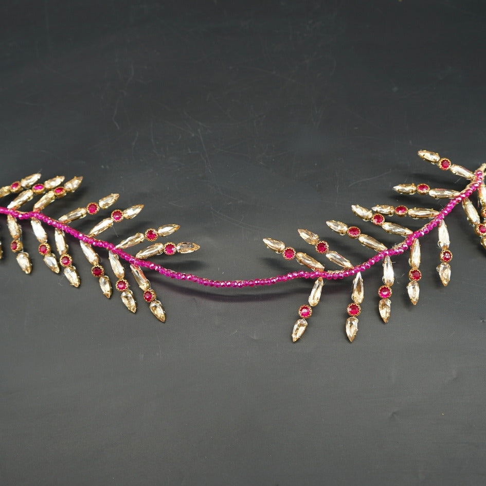 Broche de Mariage Rose Fuchsia et Dorée Feuillage en Cristaux Artisanale