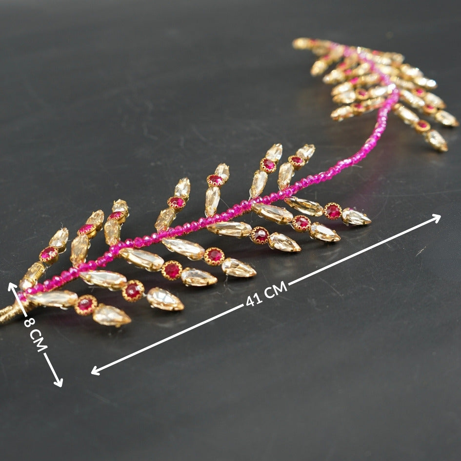 Broche de Mariage Rose Fuchsia et Dorée Feuillage en Cristaux Artisanale