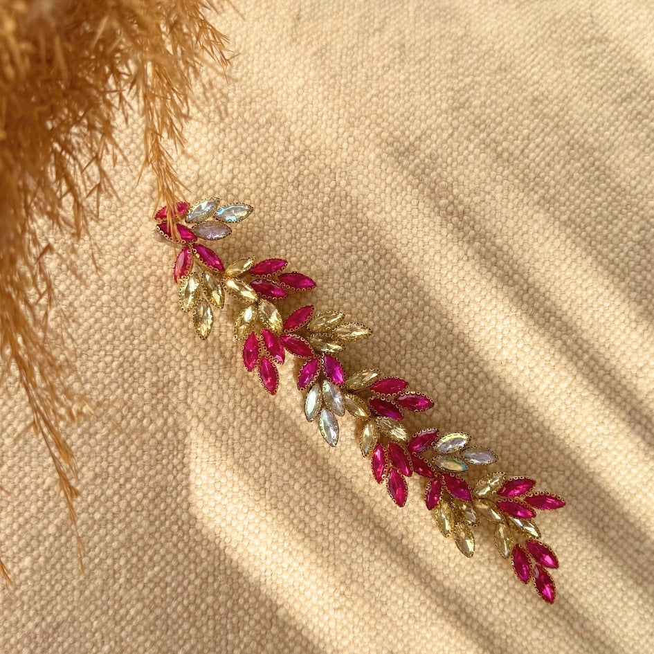 Broche feuillage fuchsia et doré