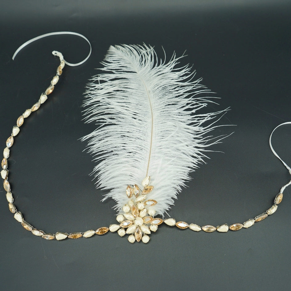 Bandeau Charleston Années 20 avec Plume Blanche et Perles