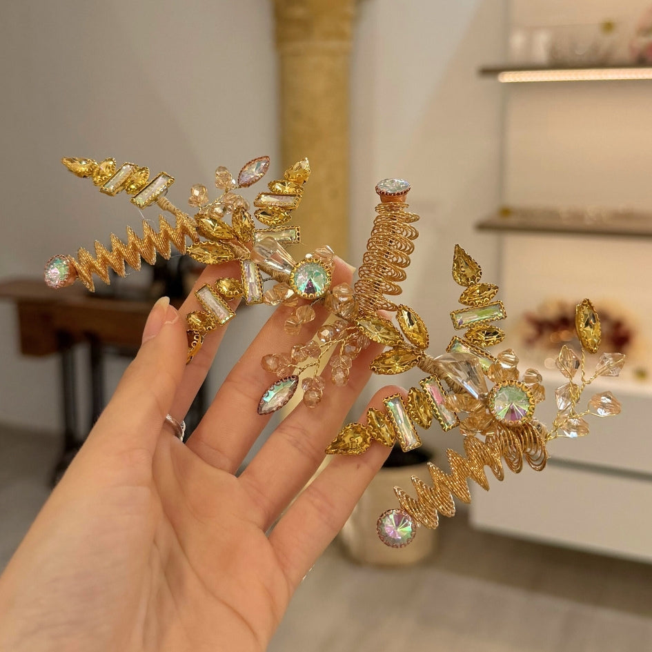 Bijou de cheveux mariage doré et brun – Peigne raffiné pour mariée