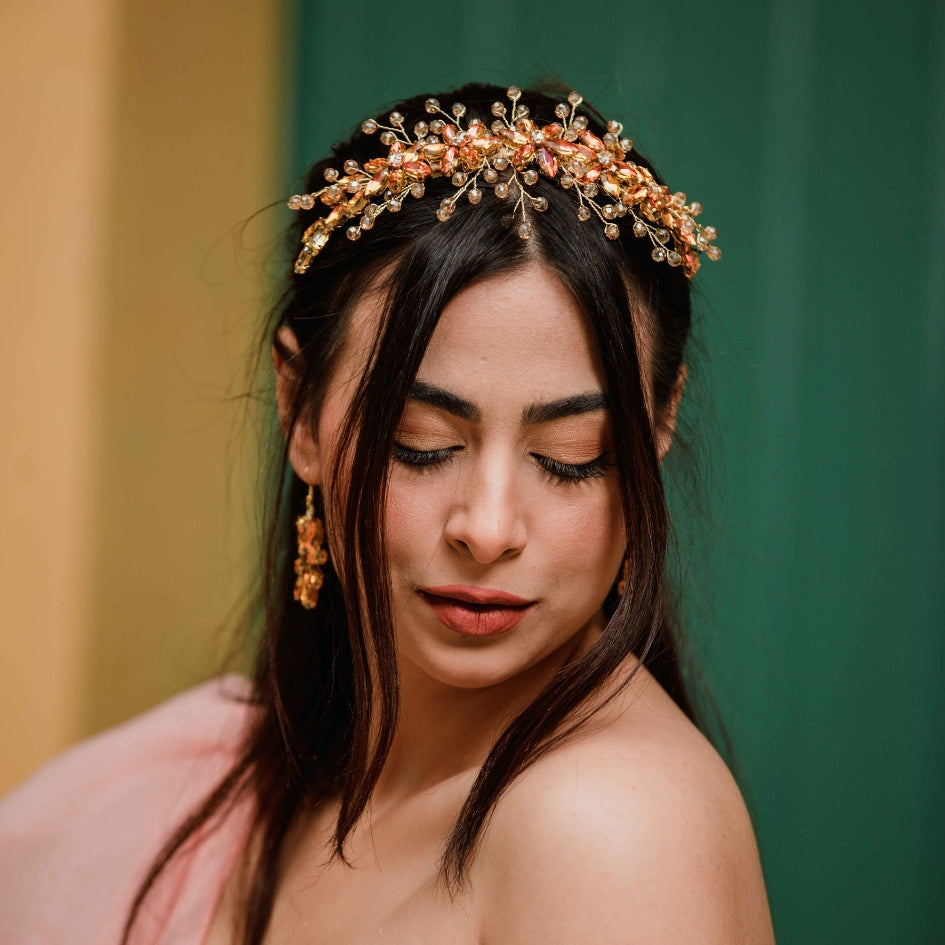 Broche à cheveux fleurs Orange en cristaux