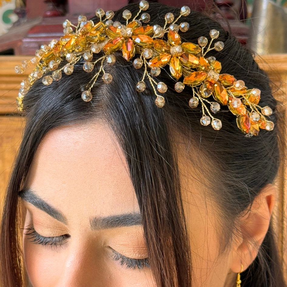 Broche à cheveux fleurs Orange en cristaux