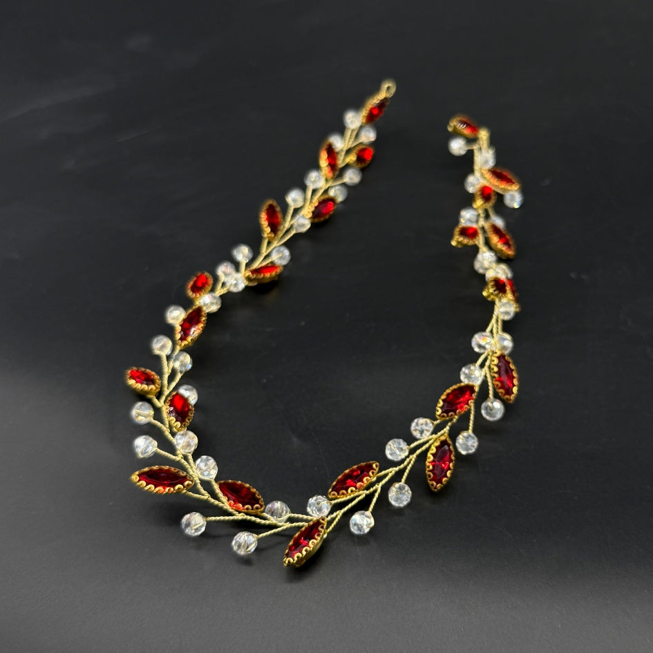 Broche cheveux dorée feuilles rouges et perles cristal B