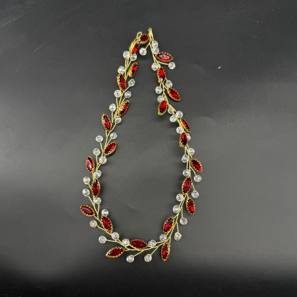 Broche cheveux dorée feuilles rouges et perles cristal B