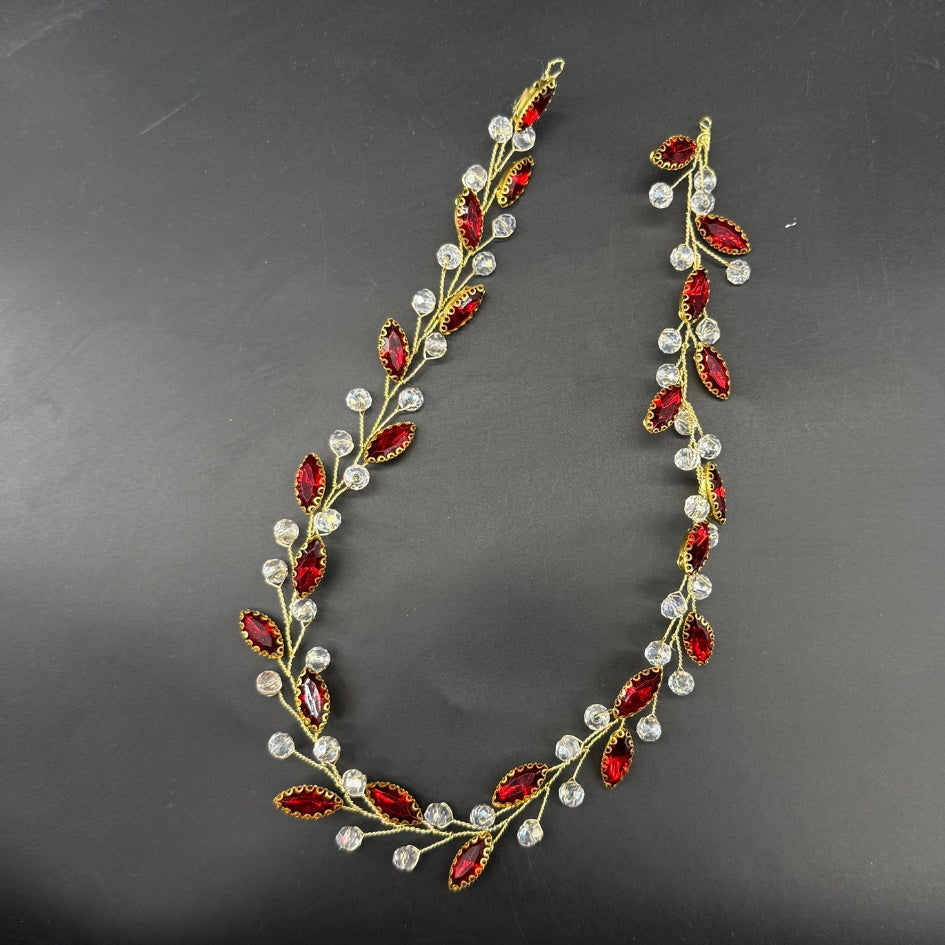 Broche cheveux dorée feuilles rouges et perles cristal B
