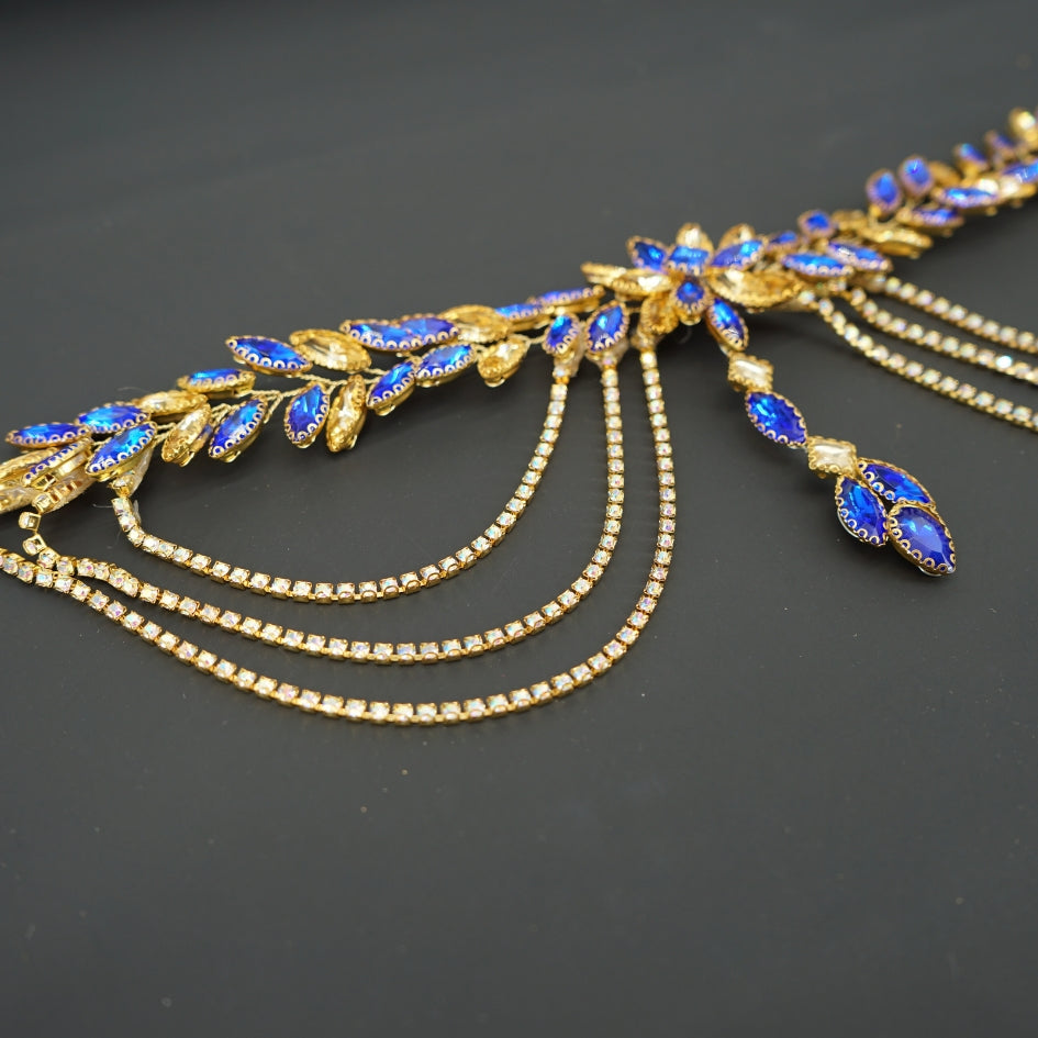 Broche de cheveux pour mariage couleur Bleu et dorée