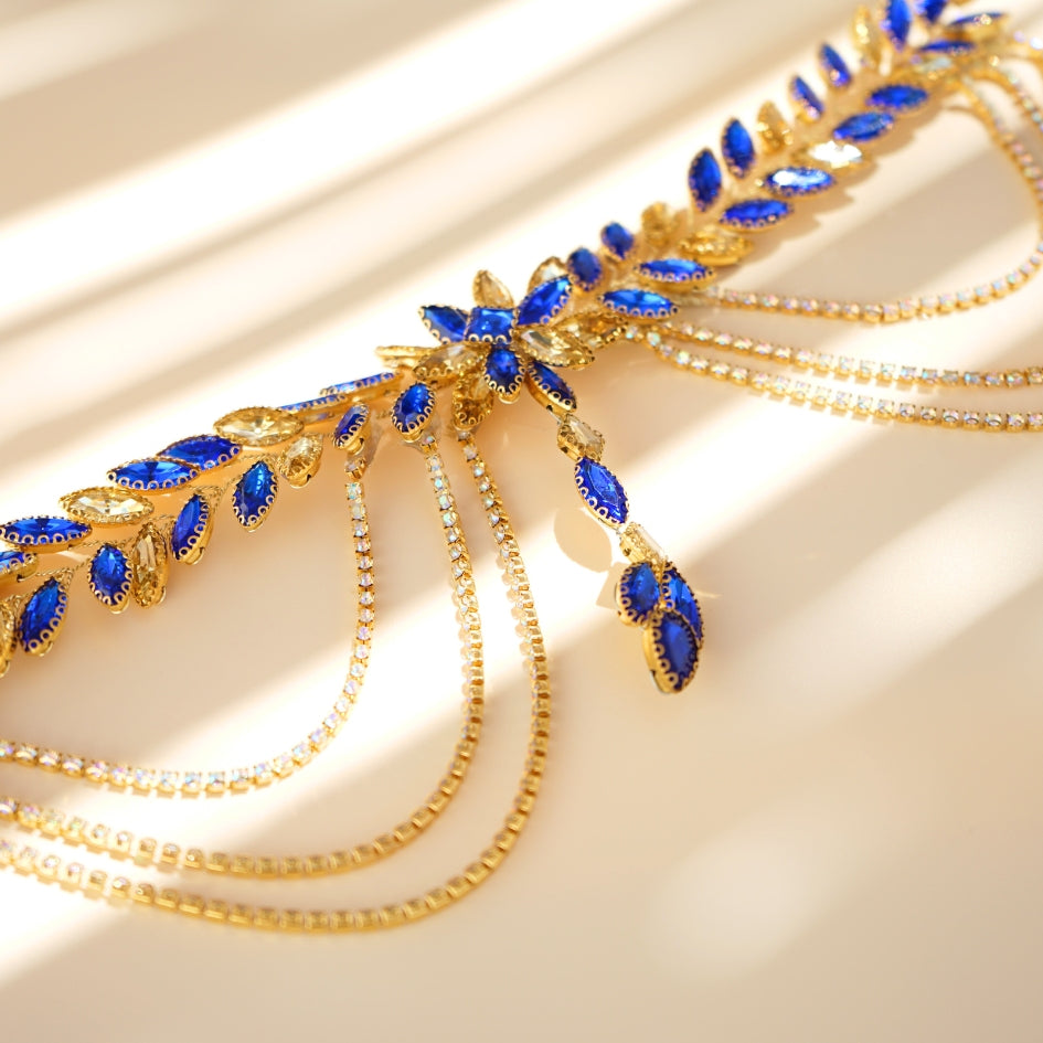 Broche de cheveux pour mariage couleur Bleu et dorée