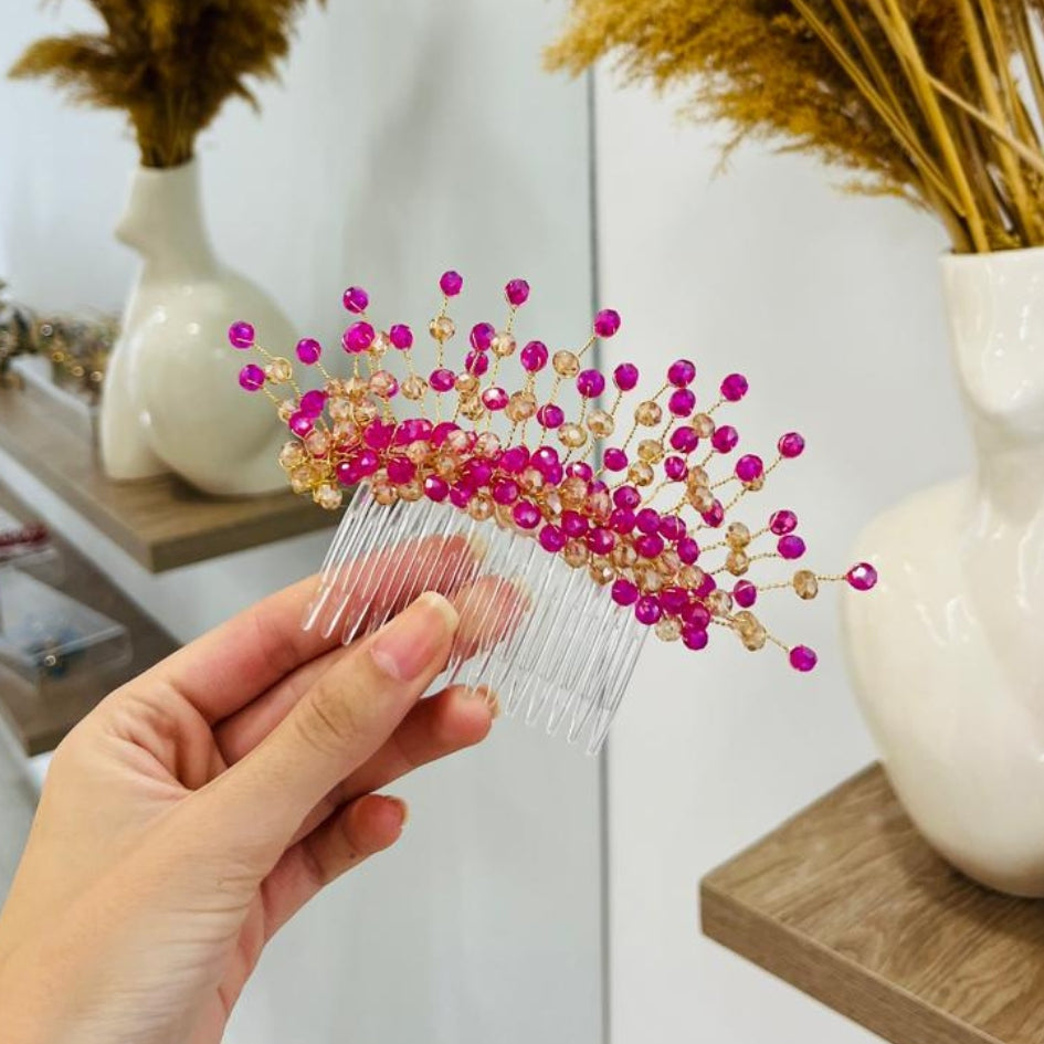 Broche rose et dorée modèle Peigne en cristal