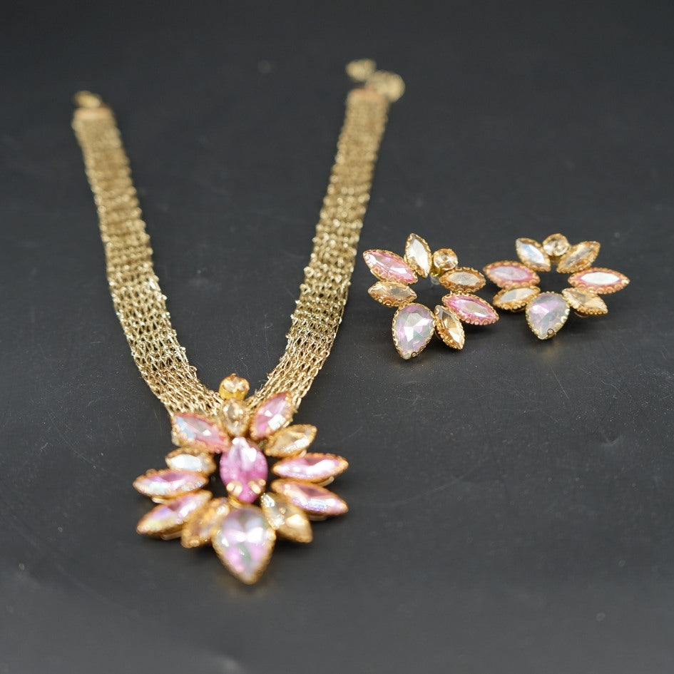 Parure collier doré fleurs pierres