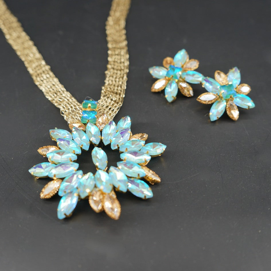 Parure collier bleu floral doré