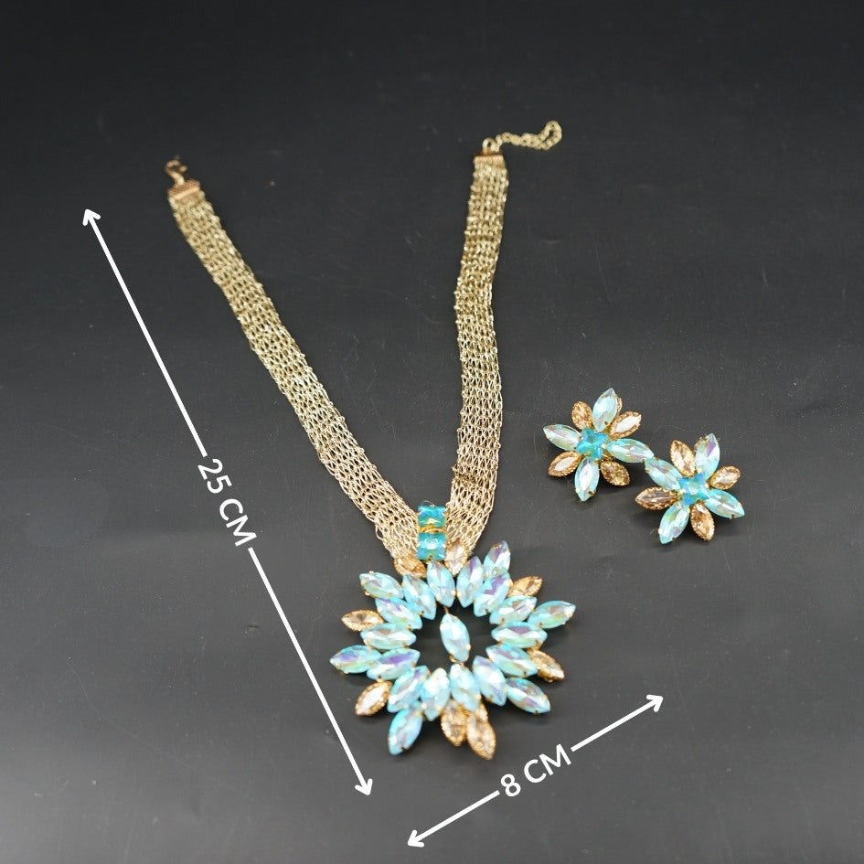 Parure collier bleu floral doré