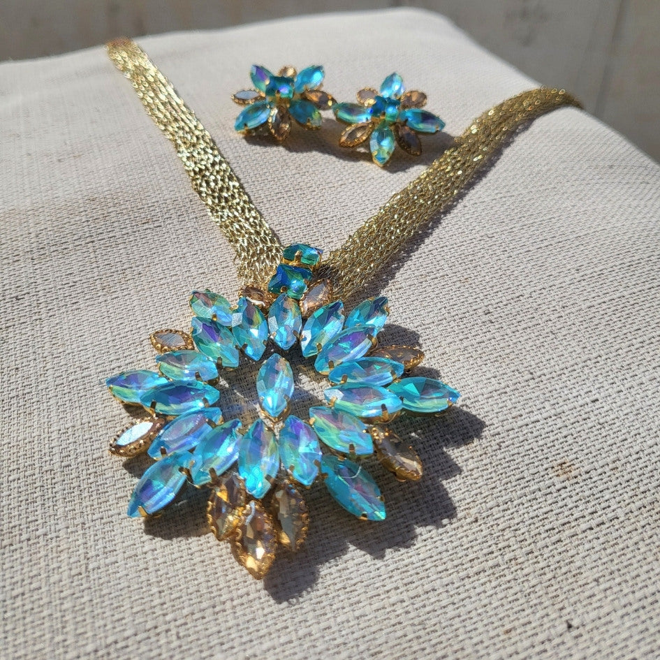 Parure collier bleu floral doré
