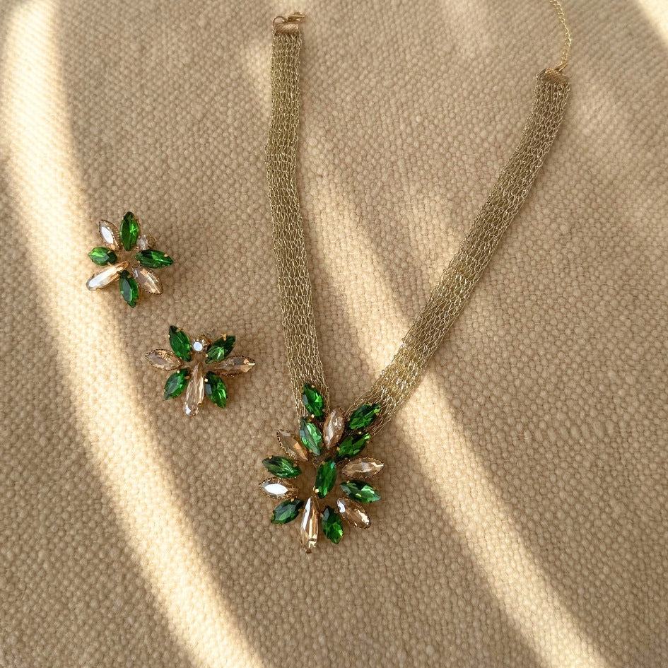 Collier vert doré cristaux ensemble luxe