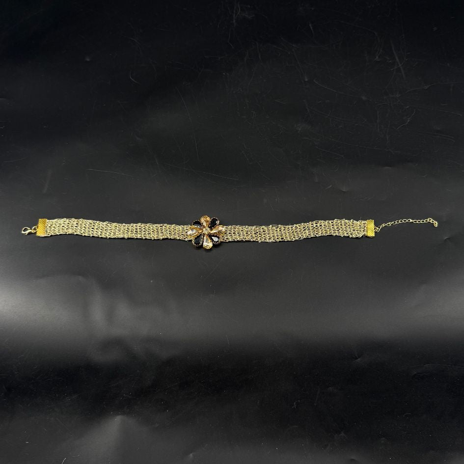 Parure collier choker et boucles d’oreilles dorée noire avec cristaux champagne