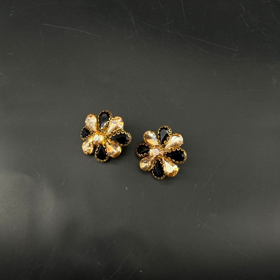 Parure collier et boucles d’oreilles dorée noire avec cristaux champagne