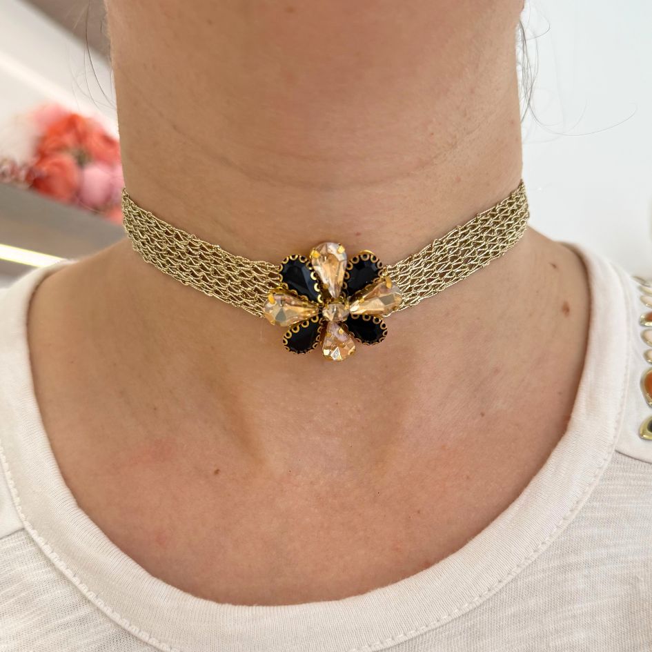 Parure collier choker et boucles d’oreilles dorée noire avec cristaux champagne