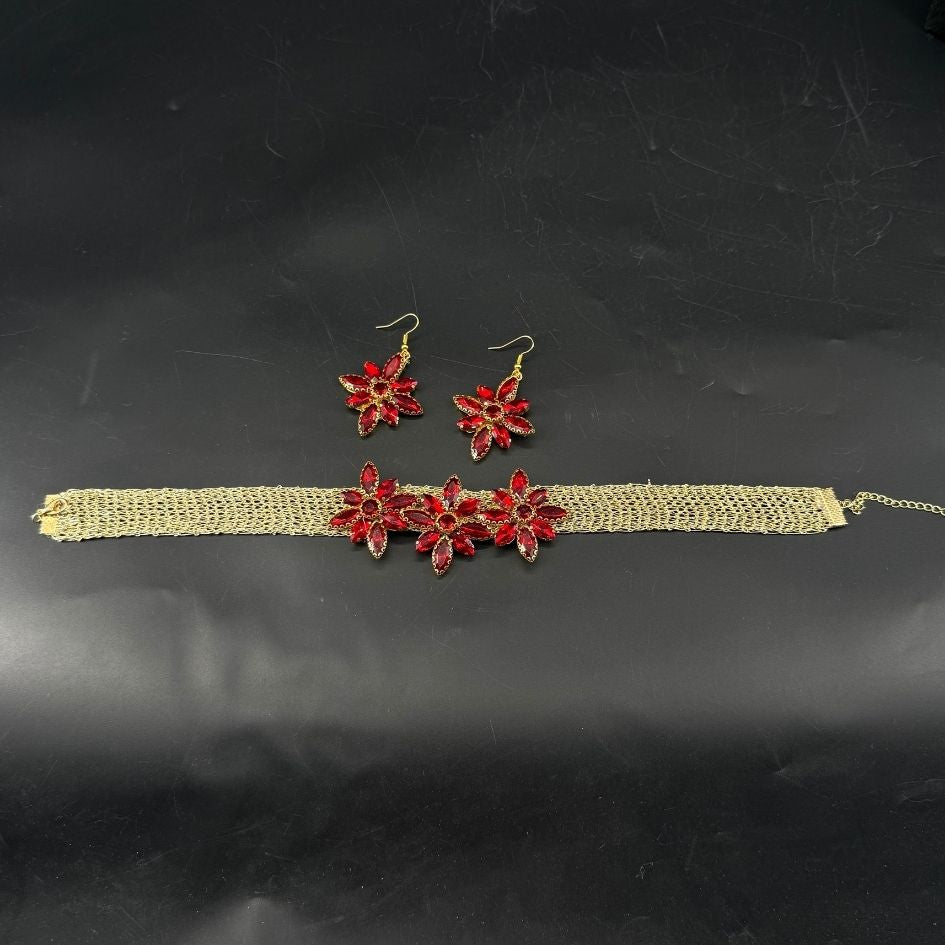 Parure collier choker et boucles d’oreilles rouge rubis