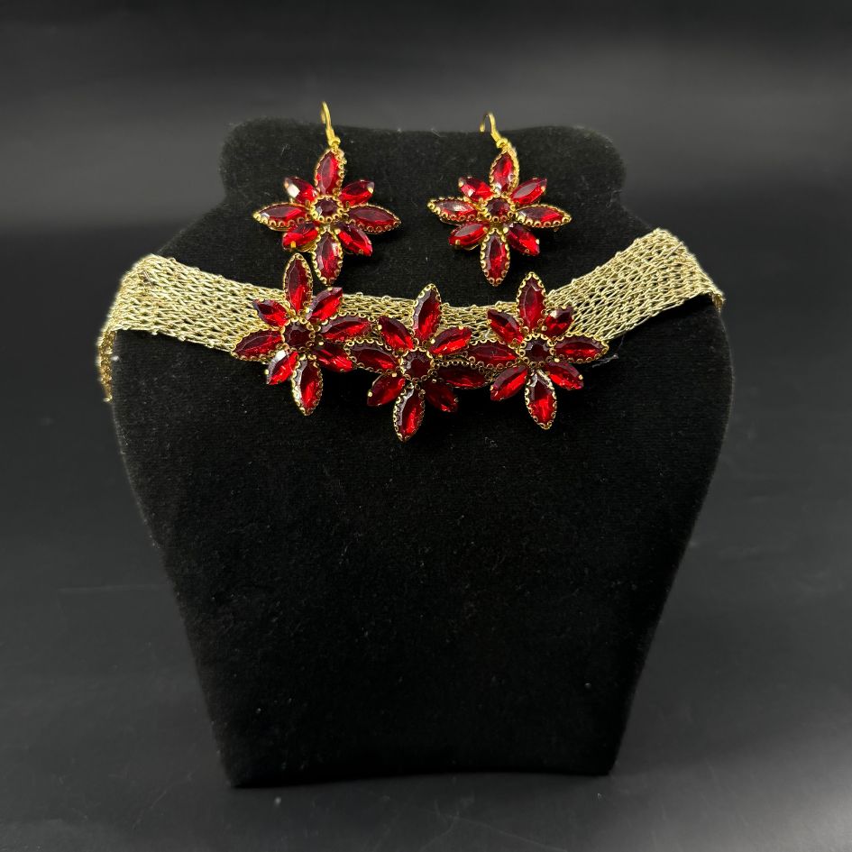 Parure collier choker et boucles d’oreilles rouge rubis