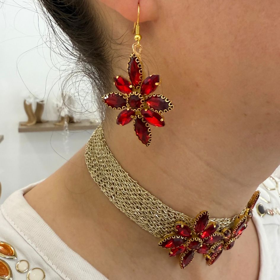 Parure collier choker et boucles d’oreilles rouge rubis