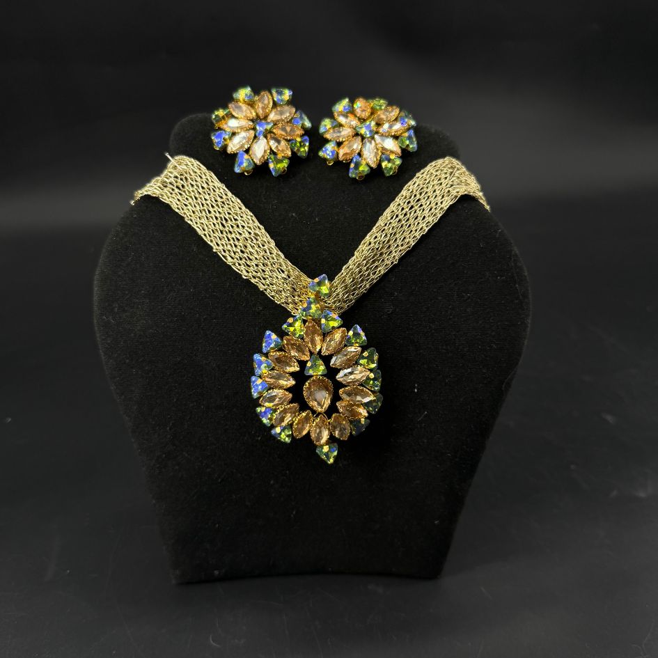 Parure de Bijoux Dorée Fleur Cristaux Multicolores