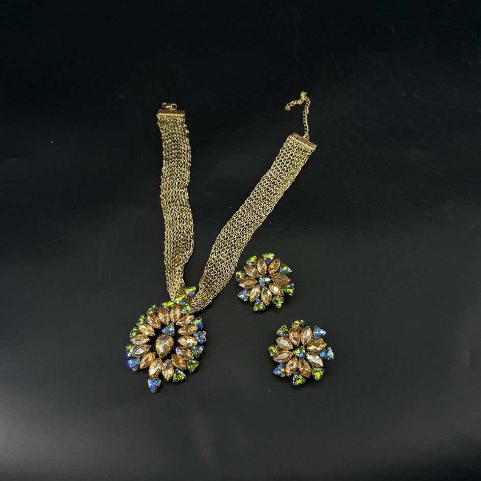 Parure de Bijoux Dorée Fleur Cristaux Multicolores