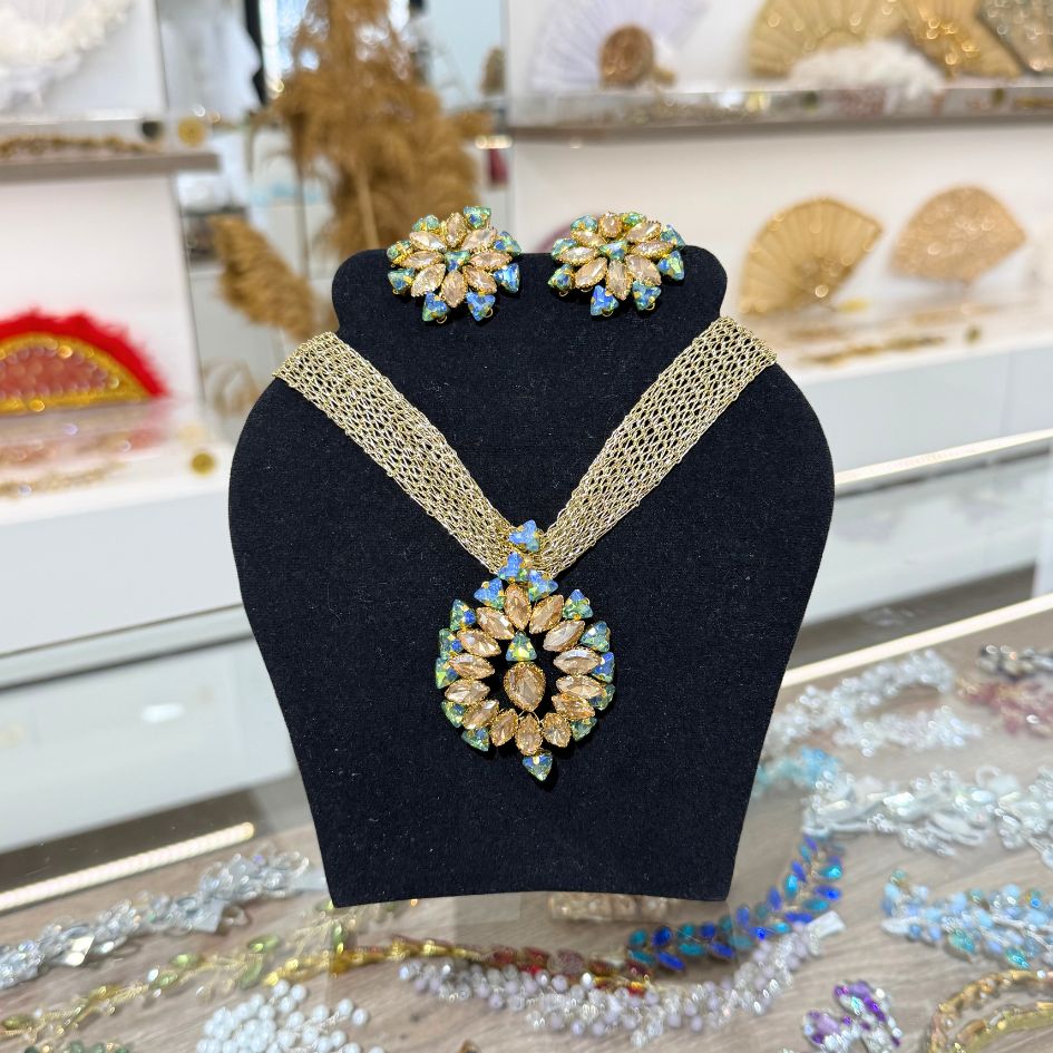 Parure de Bijoux Dorée Fleur Cristaux Multicolores