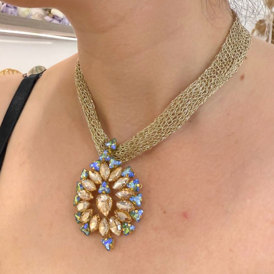 Parure de Bijoux Dorée Fleur Cristaux Multicolores