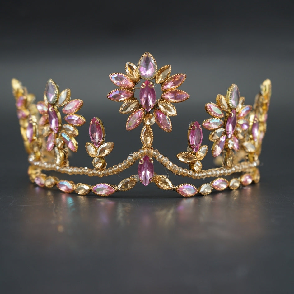 Couronne rose et mauve fleurs cristaux luxe