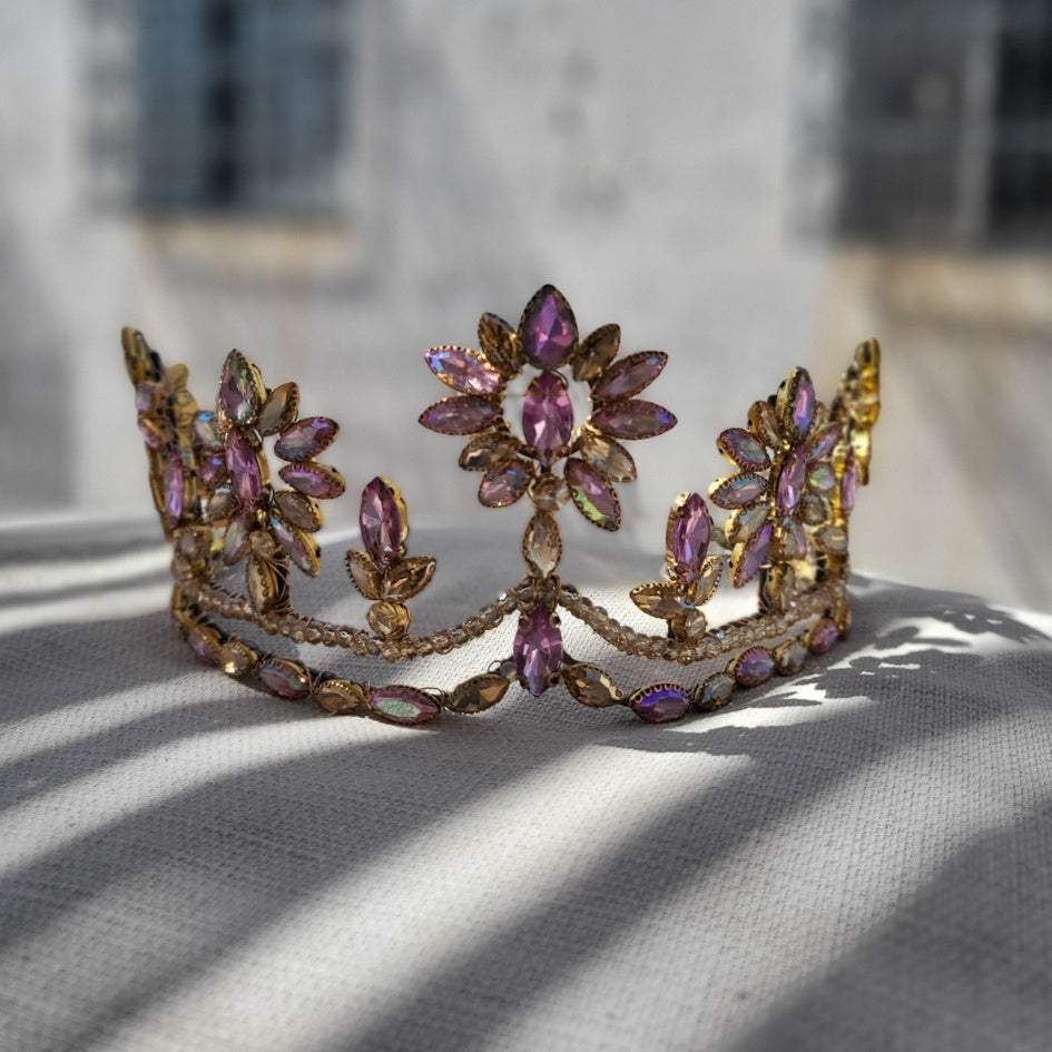 Couronne rose et mauve fleurs cristaux luxe