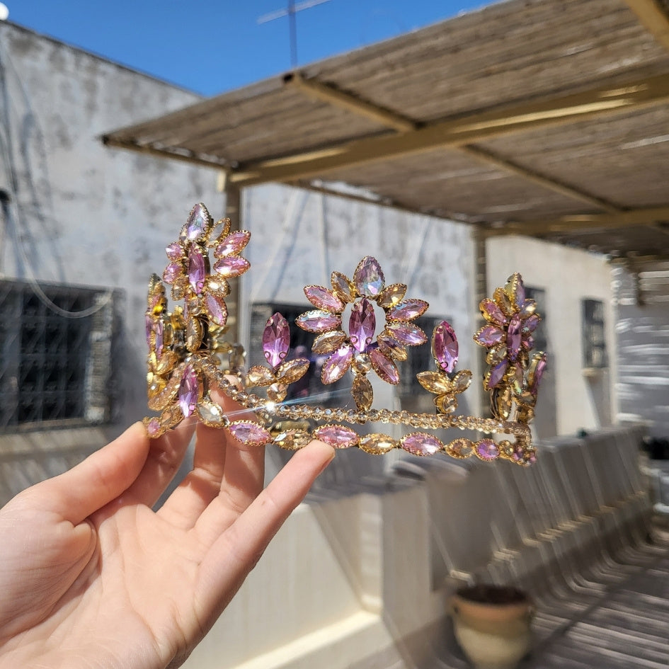 Couronne rose et mauve fleurs cristaux luxe