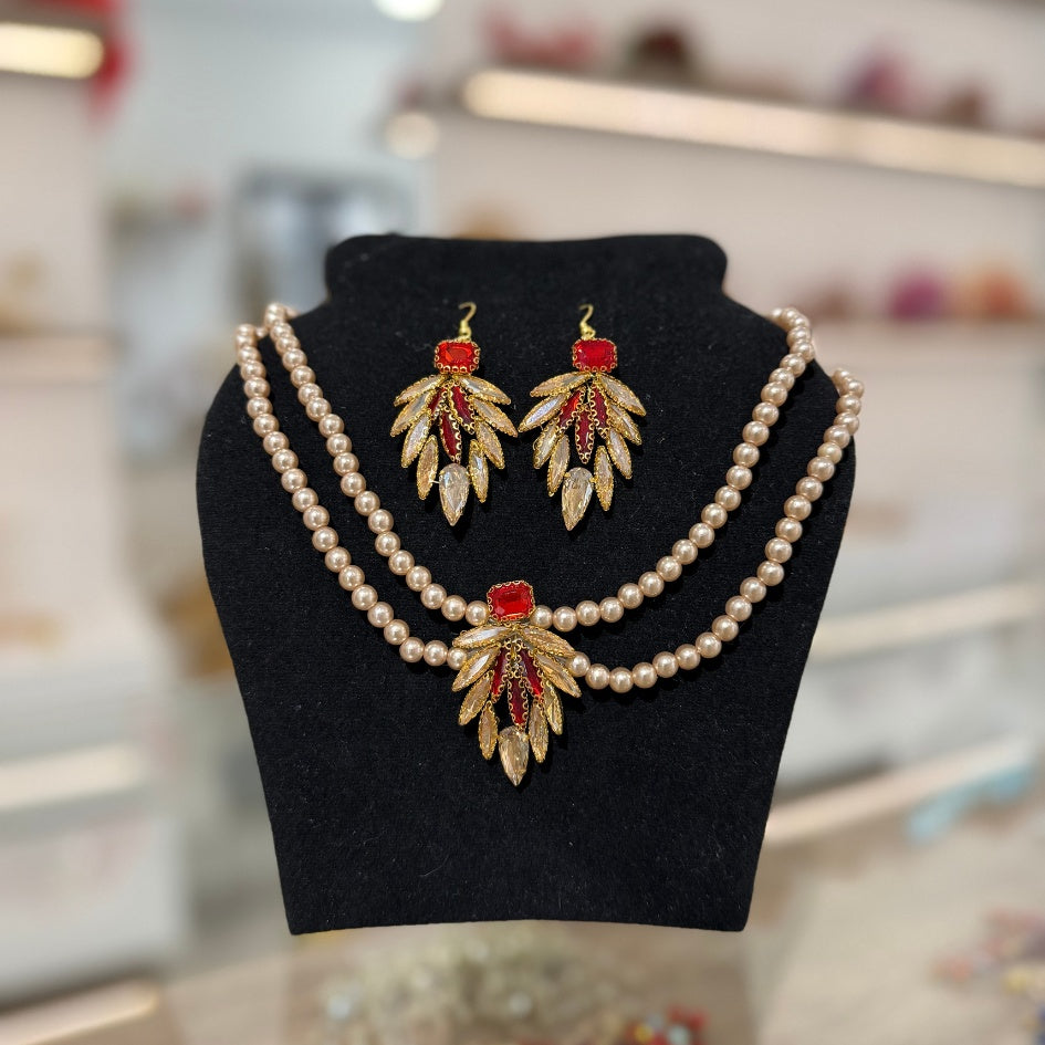 Collier Avec boucle d'oreille de mariage en perles et strass rouge– Accessoire glamour