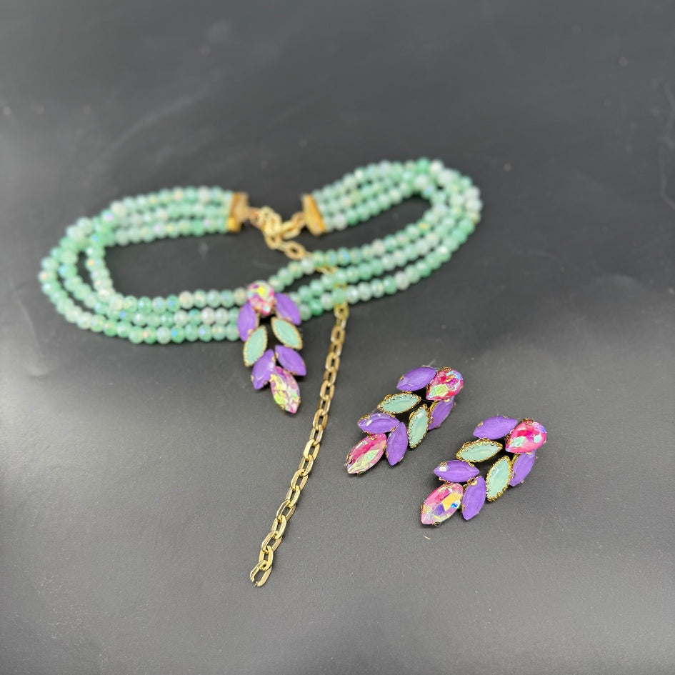 Collier et Boucles d’Oreilles Mariage en Perles Bleu vert & Cristaux Violet