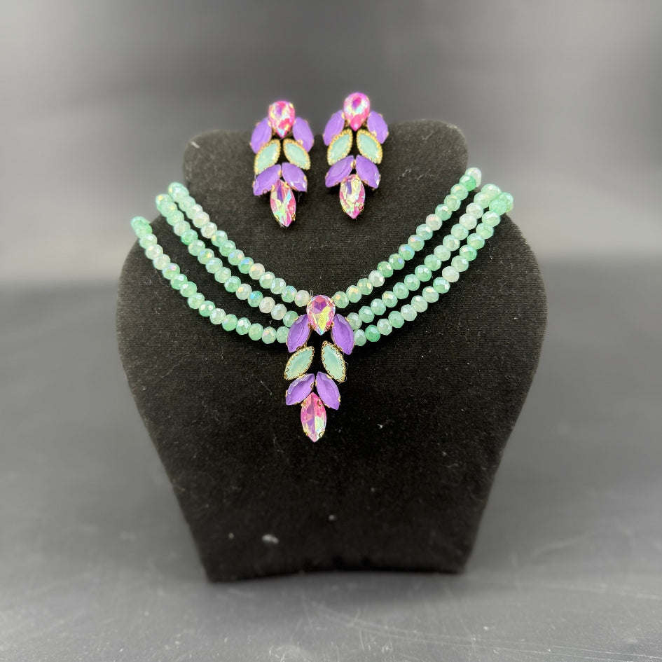 Collier et Boucles d’Oreilles Mariage en Perles Bleu vert & Cristaux Violet