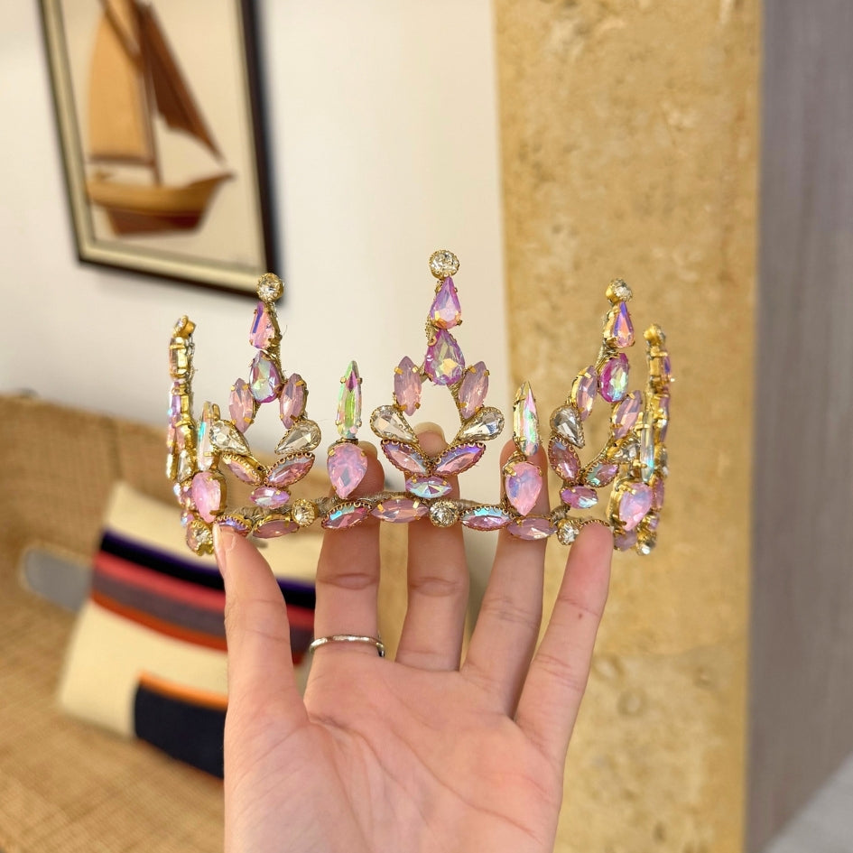 Couronne mariage luxe en strass et cristaux Rose – Diadème royal scintillant