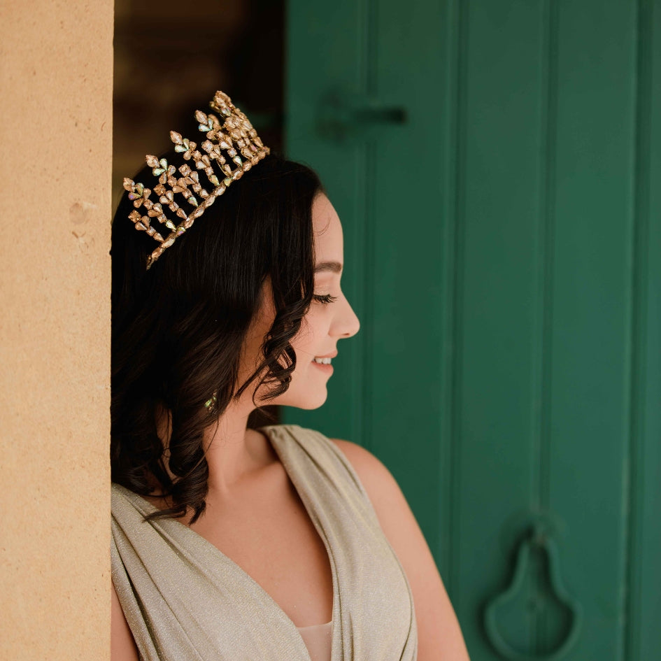 Diadème doré en cristaux scintillants, bijou de tête pour mariage royal