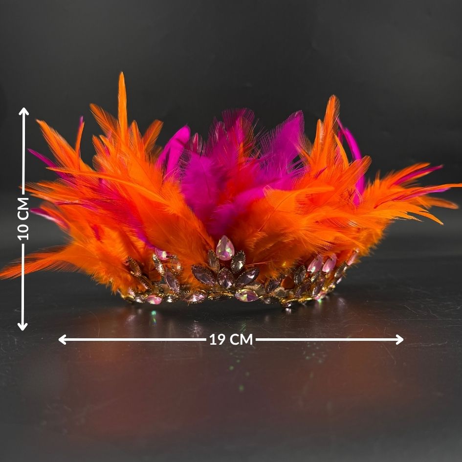 Couronne festival à plumes orange et fuchsia avec cristaux