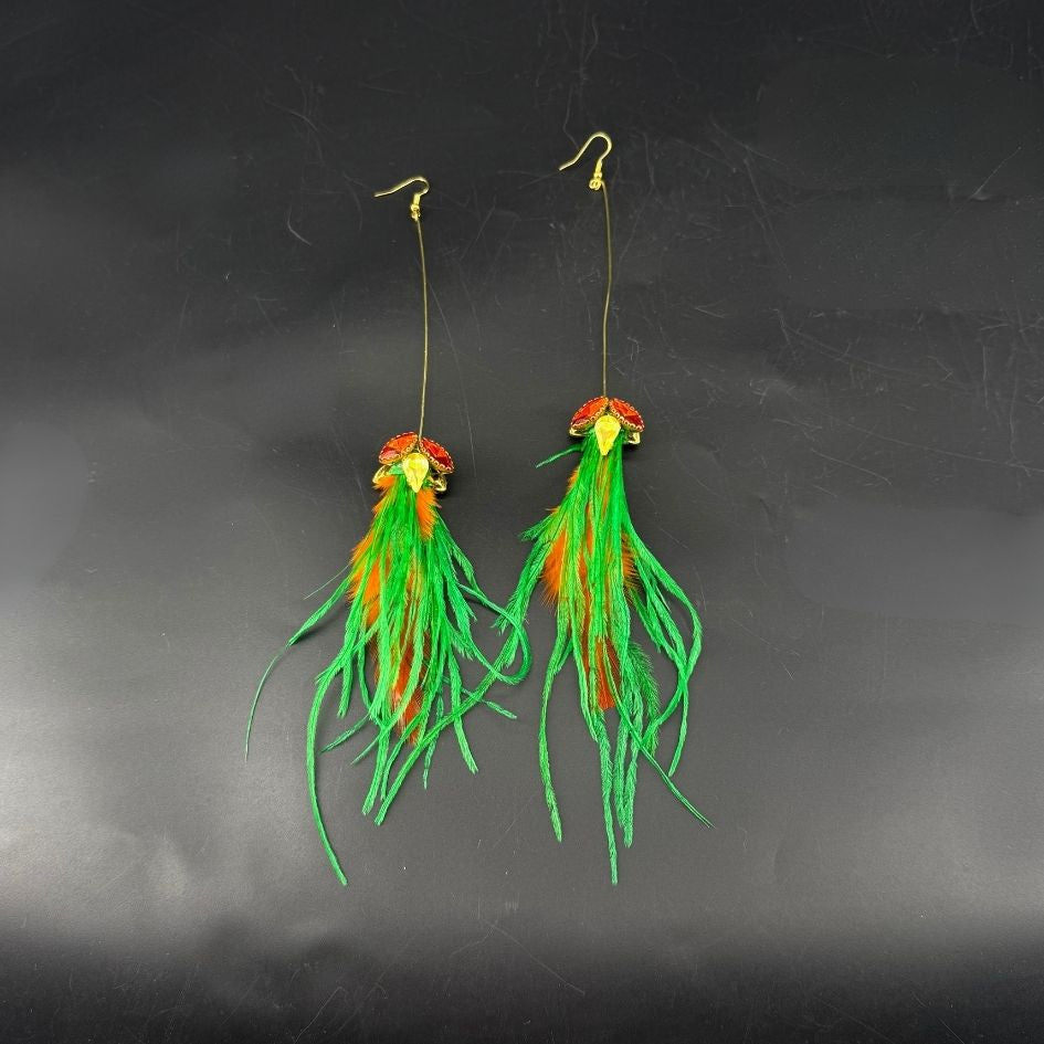 Boucles d’oreilles longues à plumes vertes et orange