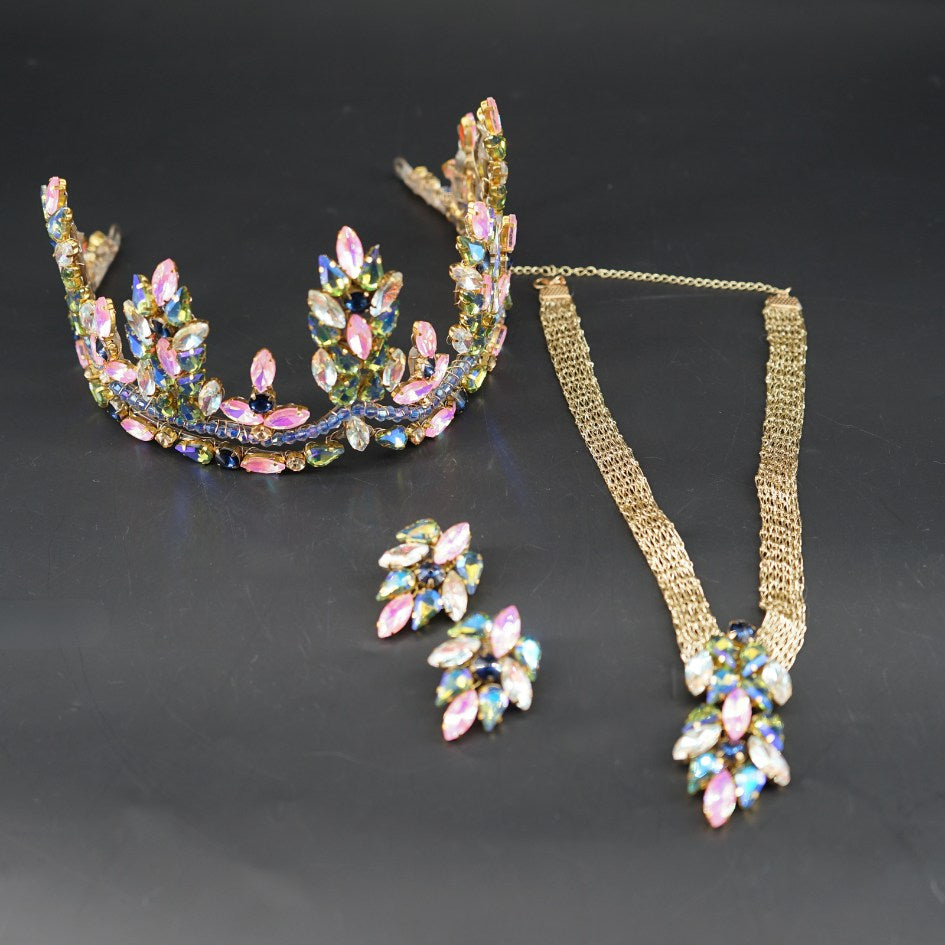 Parure bijoux couronne & collier multicolore chic
