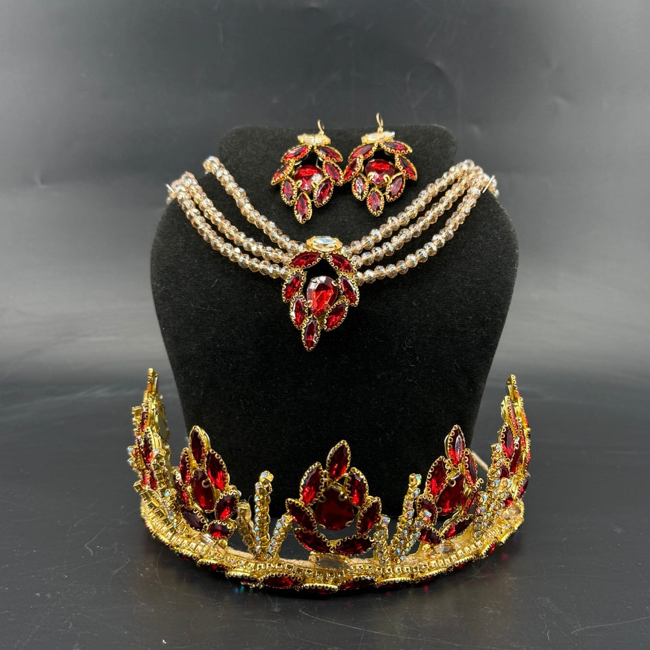 Pack mariage couronne collier et boucles d’oreilles élégant rouge et doré