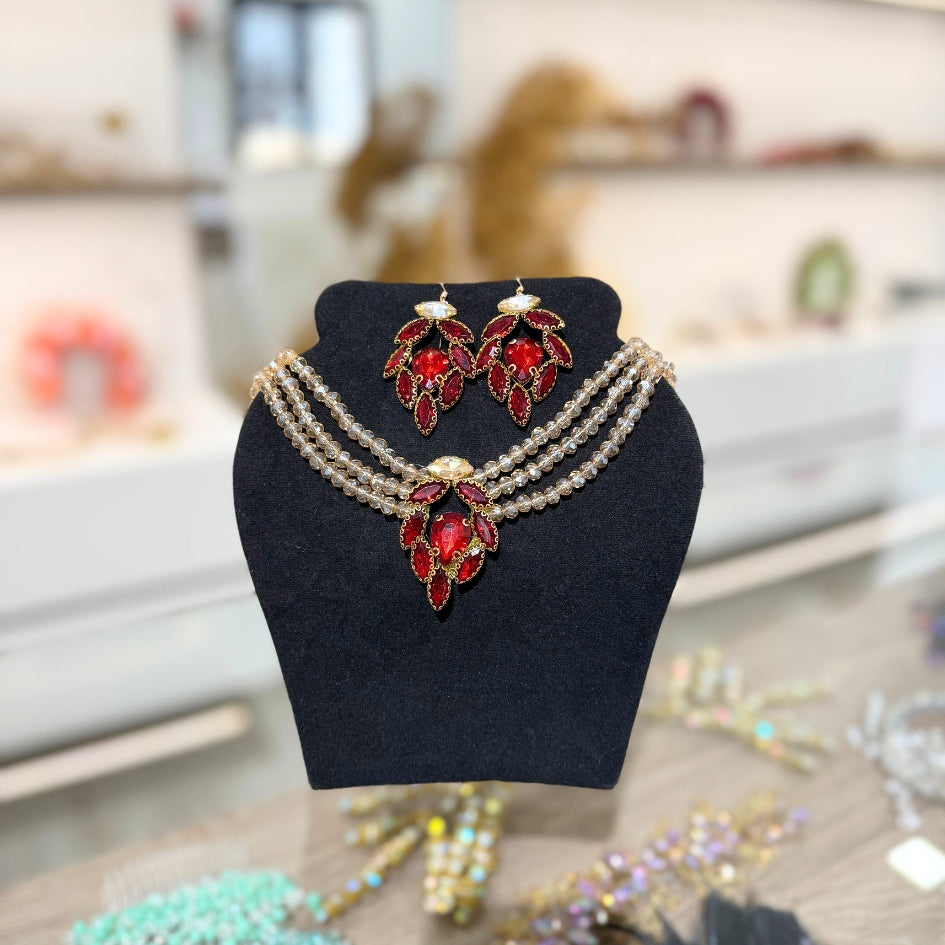 Pack mariage couronne collier et boucles d’oreilles élégant rouge et doré