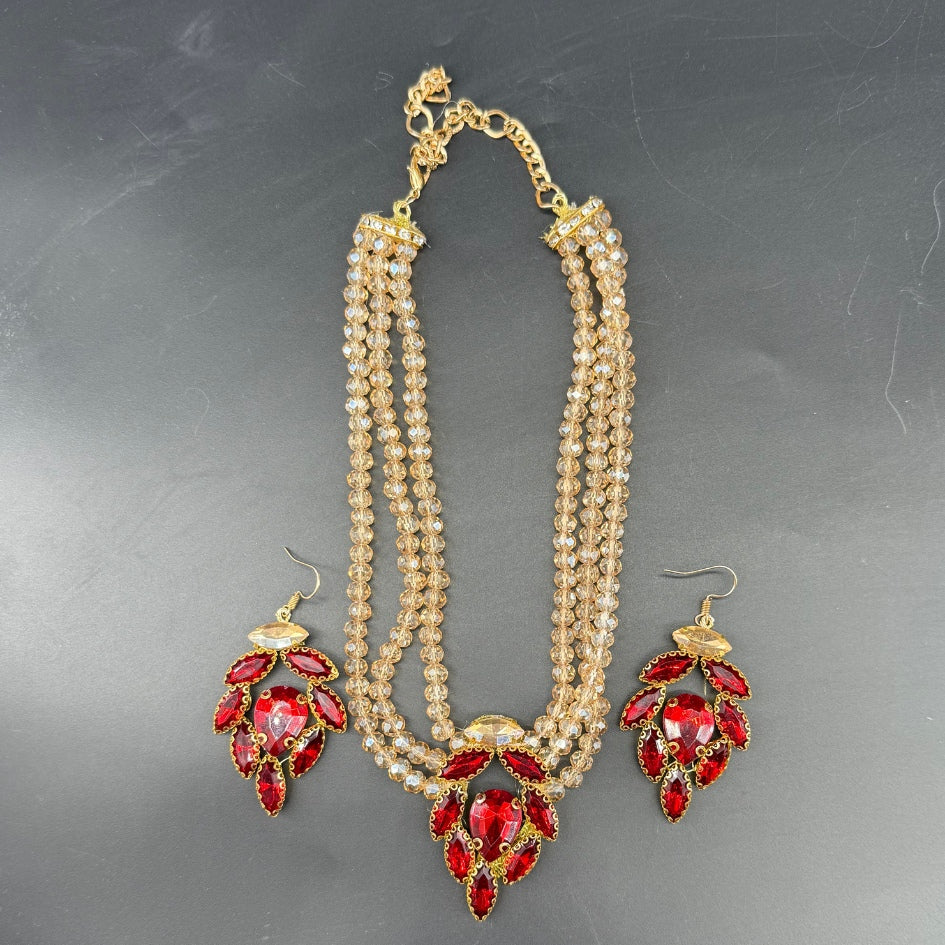Pack mariage couronne collier et boucles d’oreilles élégant rouge et doré