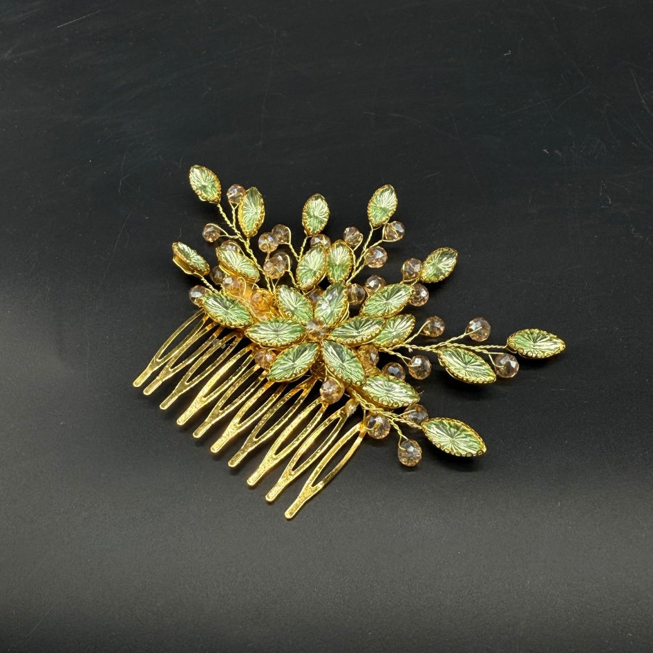 Peigne cheveux doré feuilles vertes et cristaux