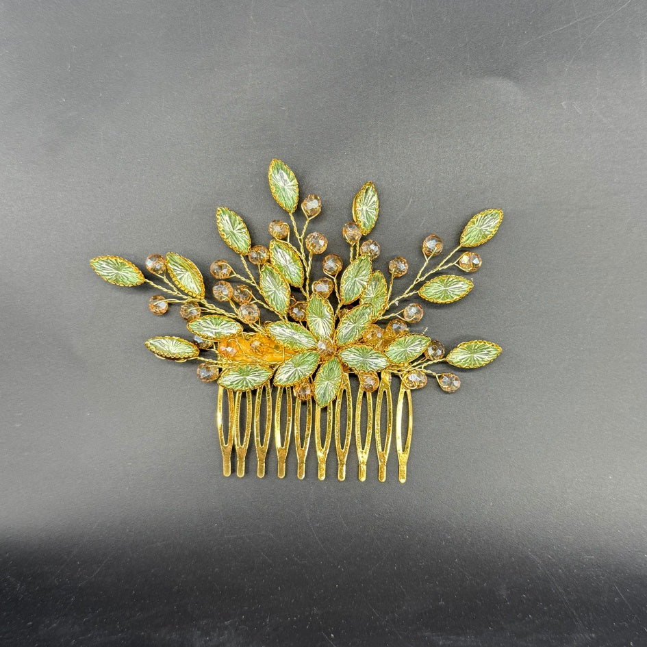 Peigne cheveux doré feuilles vertes et cristaux