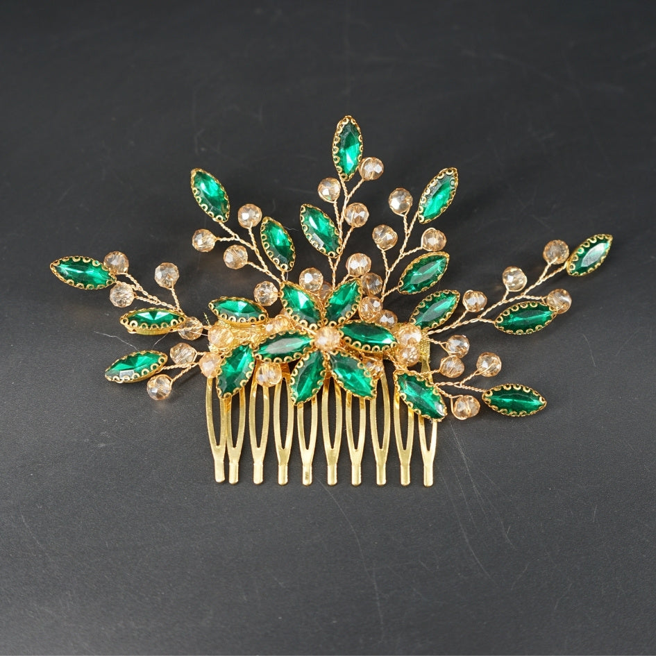 Peigne cheveux doré feuilles vert émeraude