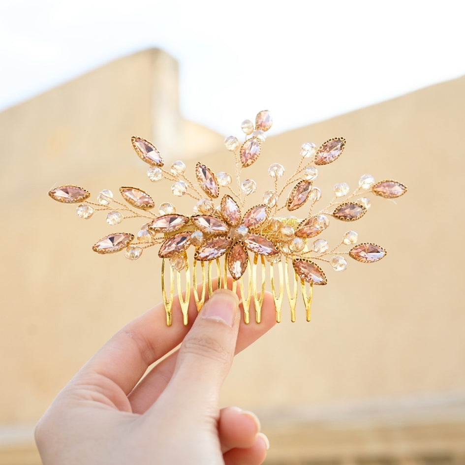 Peigne cheveux feuilles Beige en cristaux