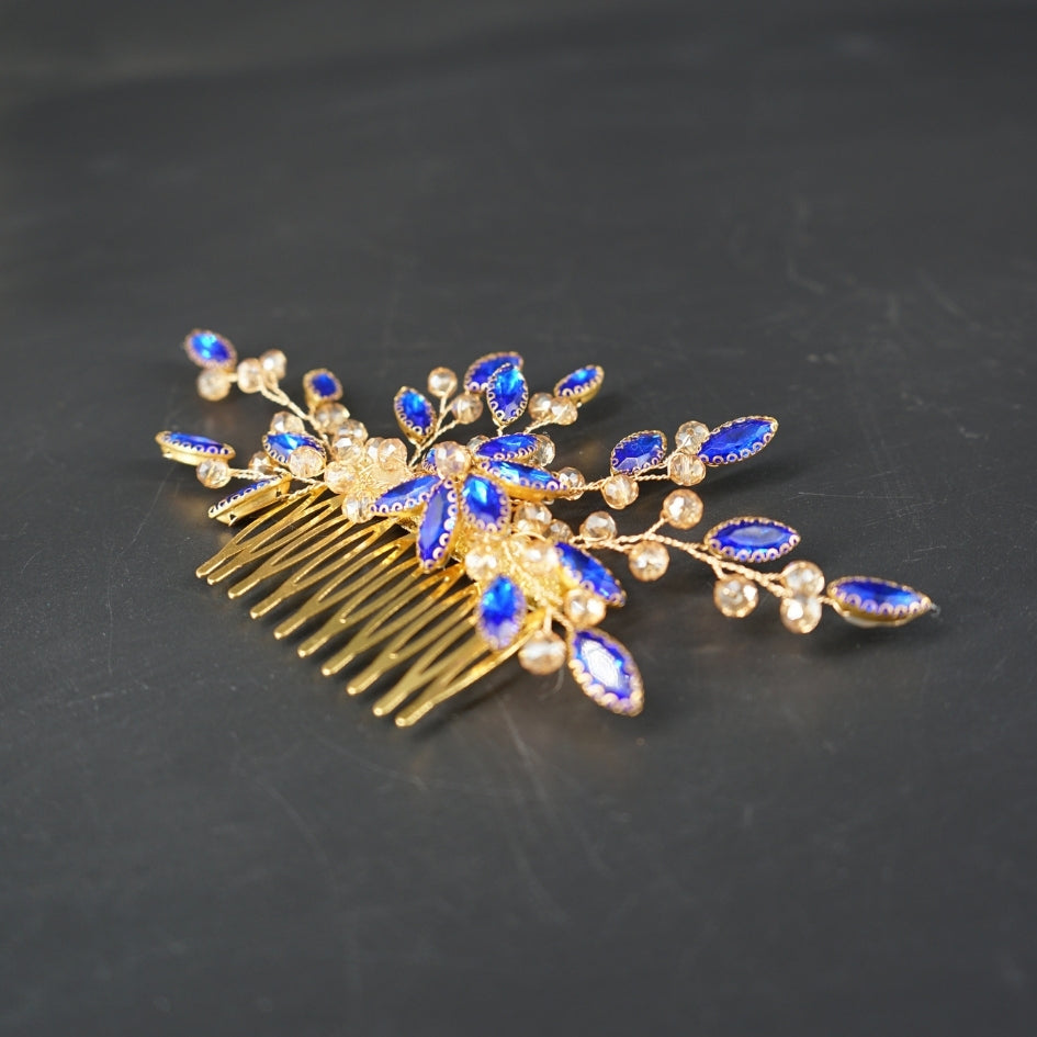 Peigne cheveux feuilles Bleu roi en cristaux